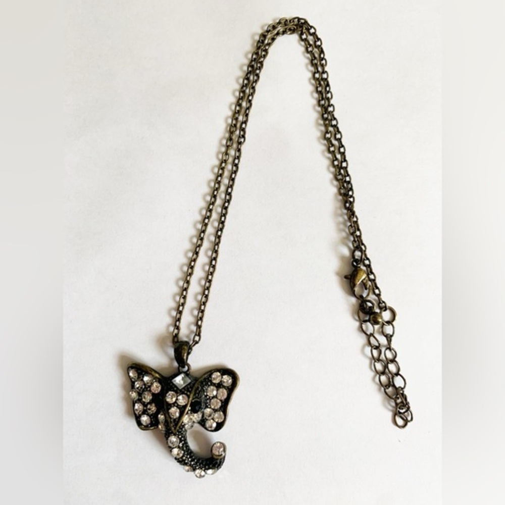 Vintage Black & Brass Elephant Pendant with White Stones & Adjustable Chain